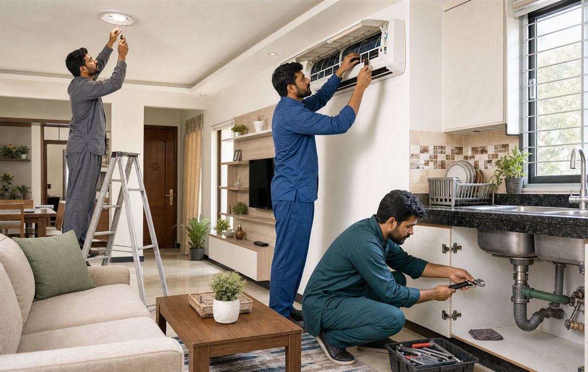 Plumber, electrician, and AC technician working in a Faisalabad home